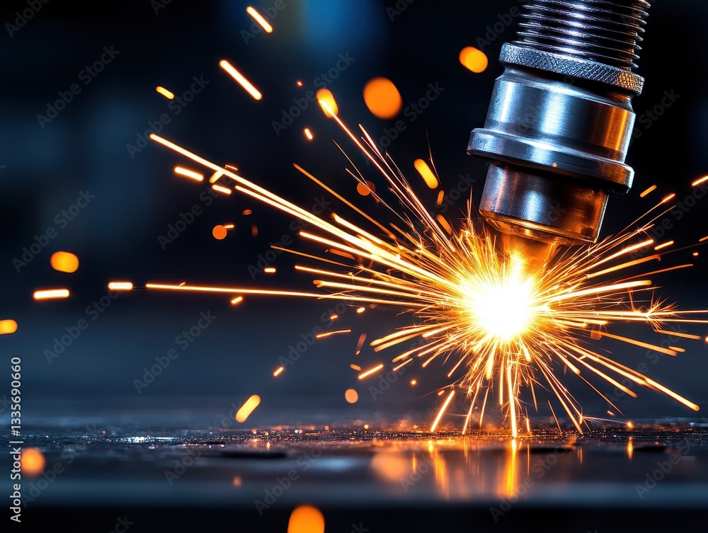 Poster close-up of a welding process creating sparks and bright light in a workshop