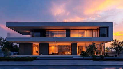 Fototapeta premium Modern House Exterior at Sunset with Warm Interior Glow Reflecting Light