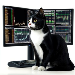 A black and white cat sitting confidently in front of dual computer monitors showcasing stock market data.