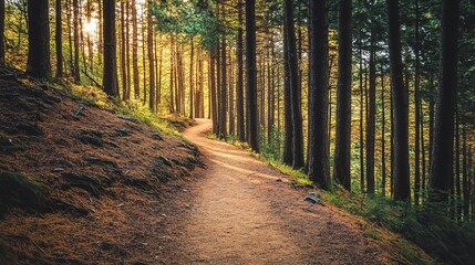 Naklejka premium Path to Serenity: A winding forest path beckons the viewer, leading into a sun-drenched woodland area, offering a serene escape into nature's embrace.
