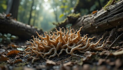 Fototapeta premium A close-up view of a fascinating cluster of fungi, resembling a delicate, light beige or tan, interwoven network of thin, wavy strands.