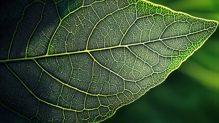 Fototapeta premium Leaf Veins Detail: A close-up shot revealing the intricate network of veins within a vibrant green leaf, illuminated by soft natural light.