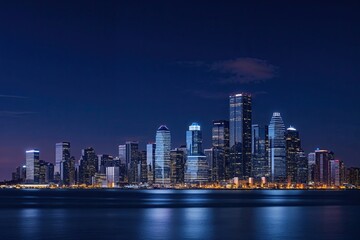 Stunning City Skyline at Dusk with Illuminated Modern Architecture on Rich Navy Background