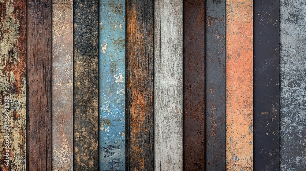 Poster rustic palette of planks: a striking composition of aged, weathered planks, each bearing a unique co