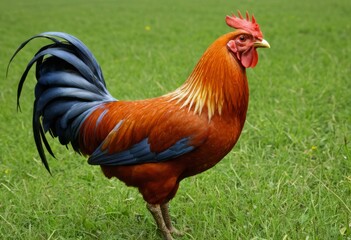 Fototapeta premium The rooster stood on the grass with a red and blue comb