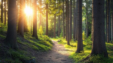 Fototapeta premium Sunlit Forest Path: A serene forest scene showcasing a winding path through tall, majestic trees bathed in golden sunlight, evoking a sense of tranquility and exploration.