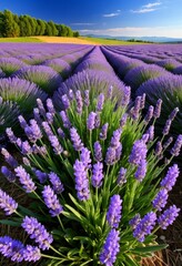Obraz premium The foreground is a lavender field of rows of lavender flowers