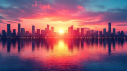 Obraz premium Vibrant Cityscape at Sunset: A Stunning Reflection