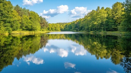 Obraz premium Serene Waterscape Reflection: A tranquil scene unfolds with a glassy lake mirroring a vibrant sky, framed by lush green forests, creating a harmonious panorama of nature's beauty.