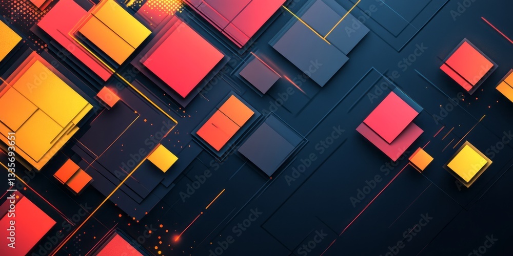 Poster geometric composition showcasing layered squares with vibrant color scheme and lines