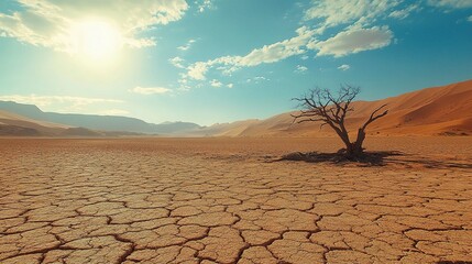 Barren Oasis: A lone, skeletal tree stands defiant in a vast, arid desert landscape under a cloud-dotted cerulean sky, evoking the stark beauty and desolation of the wild. 