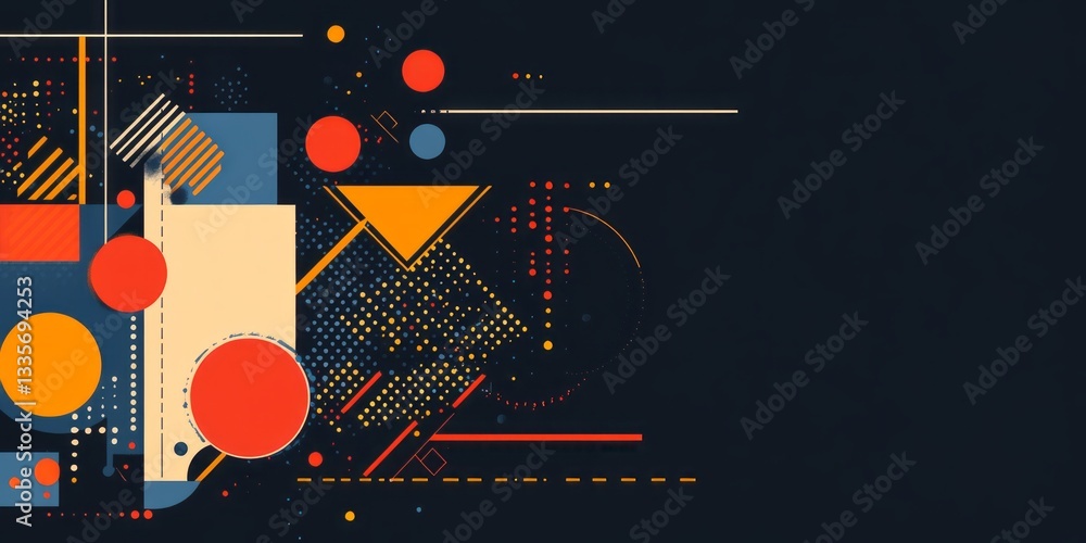 Poster colorful geometric shapes and lines float against a dark backdrop