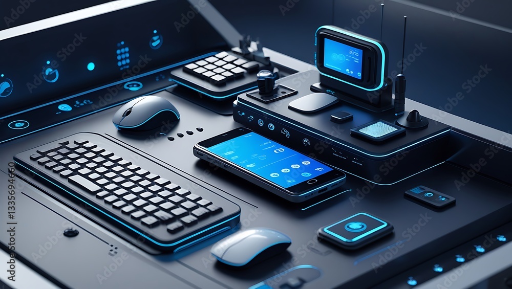 Poster mobile phone and laptop on office desk with keyboard and notebook showing technology and communicati
