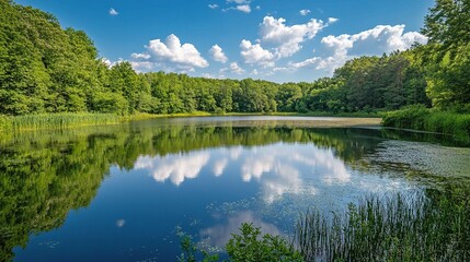 Serene Lake Reflection: A breathtaking view of a tranquil lake mirroring fluffy clouds and lush green trees, inviting you to immerse yourself in the beauty of nature.