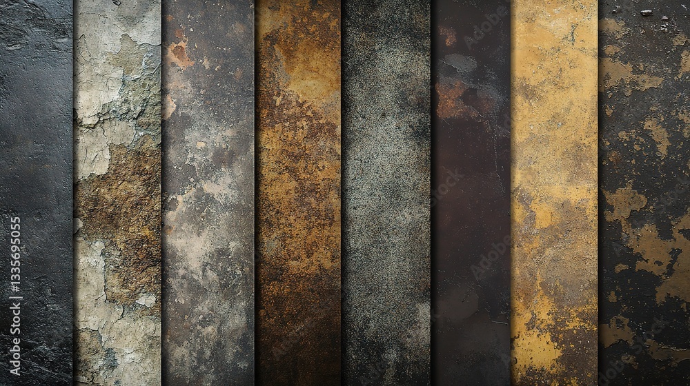 Poster texture panel array: an artistic display showcasing a series of textured panels. the rich textures a