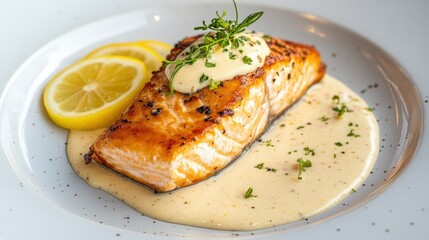 A beautifully plated salmon fillet garnished with a lemon slice and creamy sauce, showcasing a delicious culinary presentation.