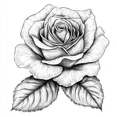 Detailed Sketch of a Beautiful Rose Flower with Leaves in Black and White for Artistic and Illustrative Use