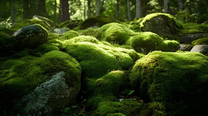 53. The beauty of moss-covered stones in the shaded undergrowth of the forest, delicate green textures filling the tranquil space