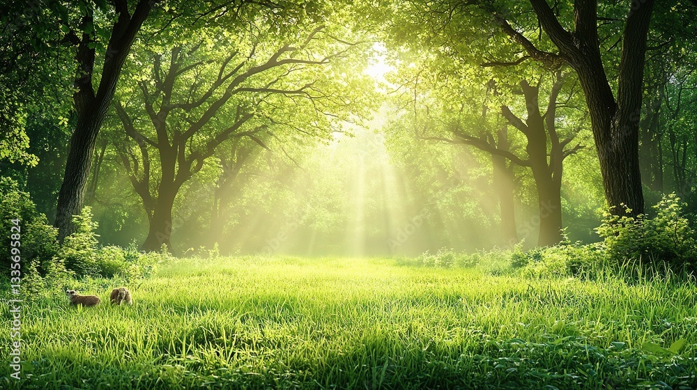 Poster sunlit forest path: a tranquil forest scene where sunlight streams through the lush green canopy, il