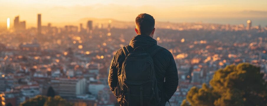 A man with a backpack gazes at the city skyline during sunset, capturing a moment of reflection and adventure.