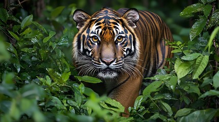 Fototapeta premium Bengal tiger prowling through dense jungle foliage amber eyes glowing in the low light hyper realistic detail National Geographic style wildlife photography
