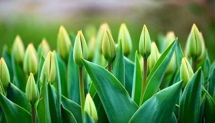 Obraz premium Green tulips with unopened buds in early spring- 30272