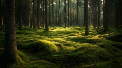 Fototapeta premium 56. Thick moss blanketing the ground in a peaceful forest glade, forming intricate patterns beneath the towering trees
