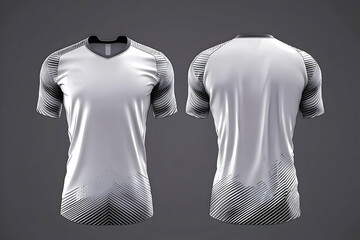 White sports jersey design, front and back views, on grey background, for apparel websites