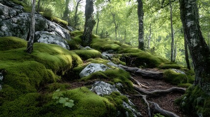 Obraz premium 58. A vibrant patch of moss growing on rocks and tree roots in a shaded forest setting, creating a calm and inviting environment
