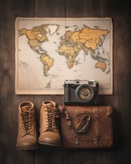 Exploring the world vintage travel gear and map home office still life cozy overhead view adventure concept