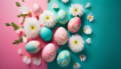 easter eggs with floral themed paint falling with white chrysanthemum flowers against vibrant pink and teal background spring celebration conceptual backdrop