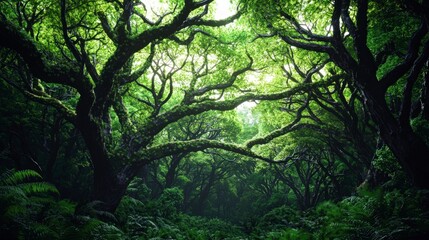 Lush Green Forest Canopy  Mossy Trees  Sunlight  Nature  Ecology