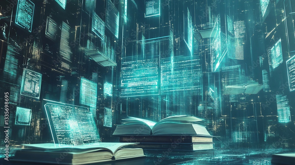 Poster future of learning: digital information flowing into books, coding education