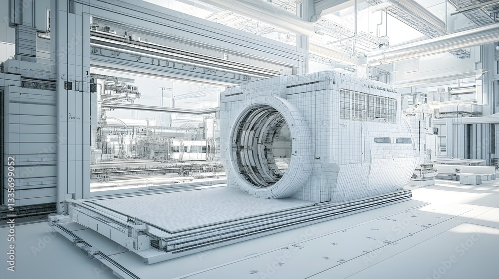 Poster a white room with a machine in the middle. the machine is a large, white, and grey object. the room 