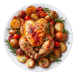 Roasted chicken with vegetables and potatoes on a plate for christmas party celebration isolated on transparent background.