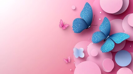 Two blue butterflies on pink circles background.