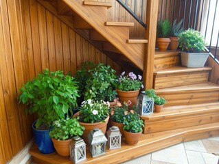 Stairs decorated with potted flowers and lanterns, a wooden staircase in the house, creating an elegant display of nature in your home interior.