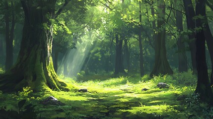 1. A peaceful forest scene with vibrant green moss covering the ground, the light filtering through the trees, creating a calm atmosphere