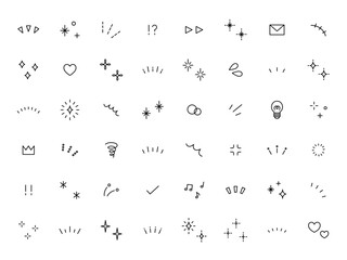 シンプルなアイコンのベクターイラストセット。飾り、ハート、シンプル、星、集中線