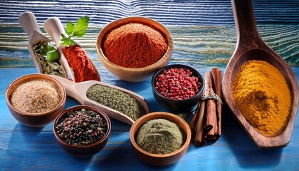 colorful assortment of spices and herbs on a blue rustic wooden table
