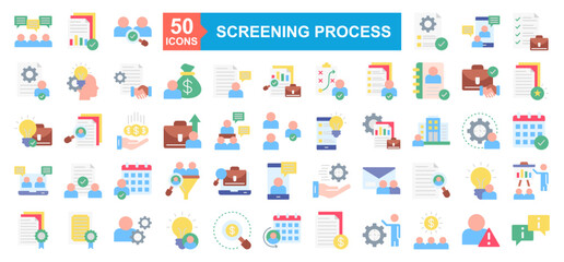 Fototapeta premium Screening Process Icon Sheet Conversation, Approved, Certificate, Resume, Career, Appointment, Hiring, Approval, Video Conference, Check List, Hiring, Thinking, Contract, Salary, Job, Strategy