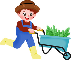 Cartoon Boy Gardening with Wheelbarrow Illustration