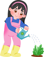 Illustration of Girl Watering Plants