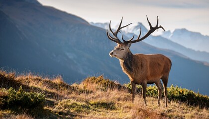 a majestic red deer stag stands in a mountainous landscape its antlers held high