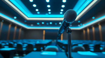 microphone is set up in conference room, ready for business meeting or presentation, with rows of empty chairs and modern ceiling design