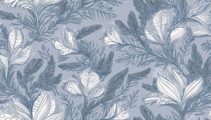 Seamless doodle botanicals pattern in a winter color palette of pale dusty blue and white. Seamless botanical pattern in pastel blue and white. All over abstract floral print