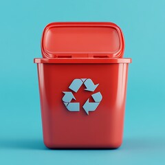 Red recycle bin, open lid, blue background, studio shot