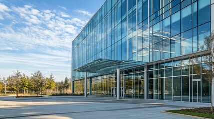 Modern Glass Architecture of a Commercial Building with Clear Blue Skies
