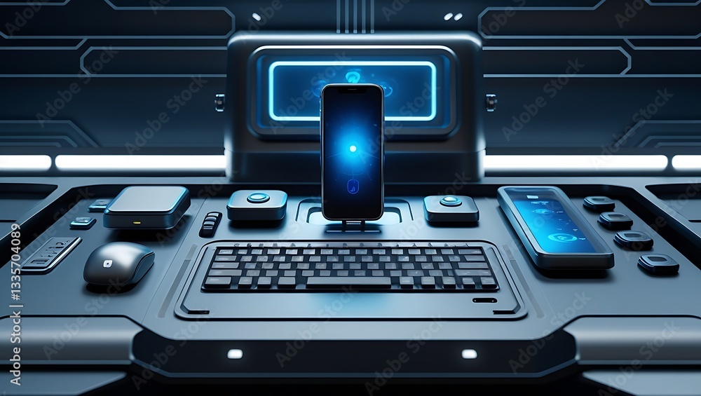 Poster mobile phone and laptop on office desk with keyboard and notebook showing technology and communicati