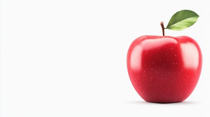 Single Red Apple with Green Leaf on White Background
